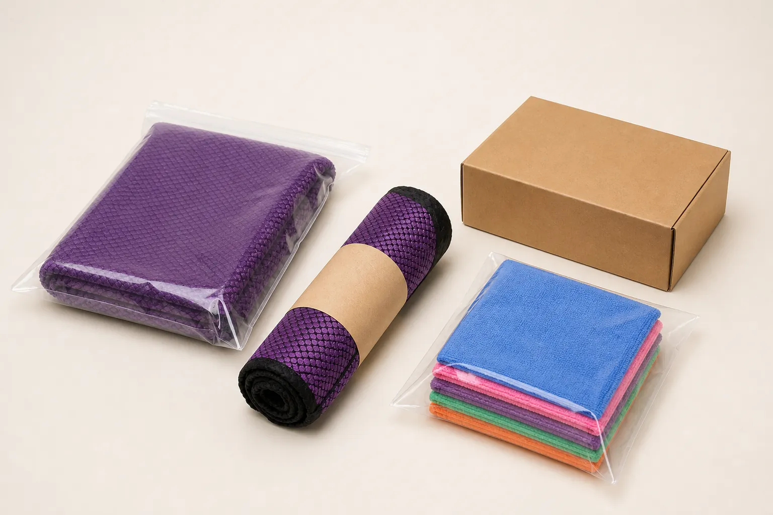 Complete microfiber towel pouch, paper band, poly bag and carton packing options