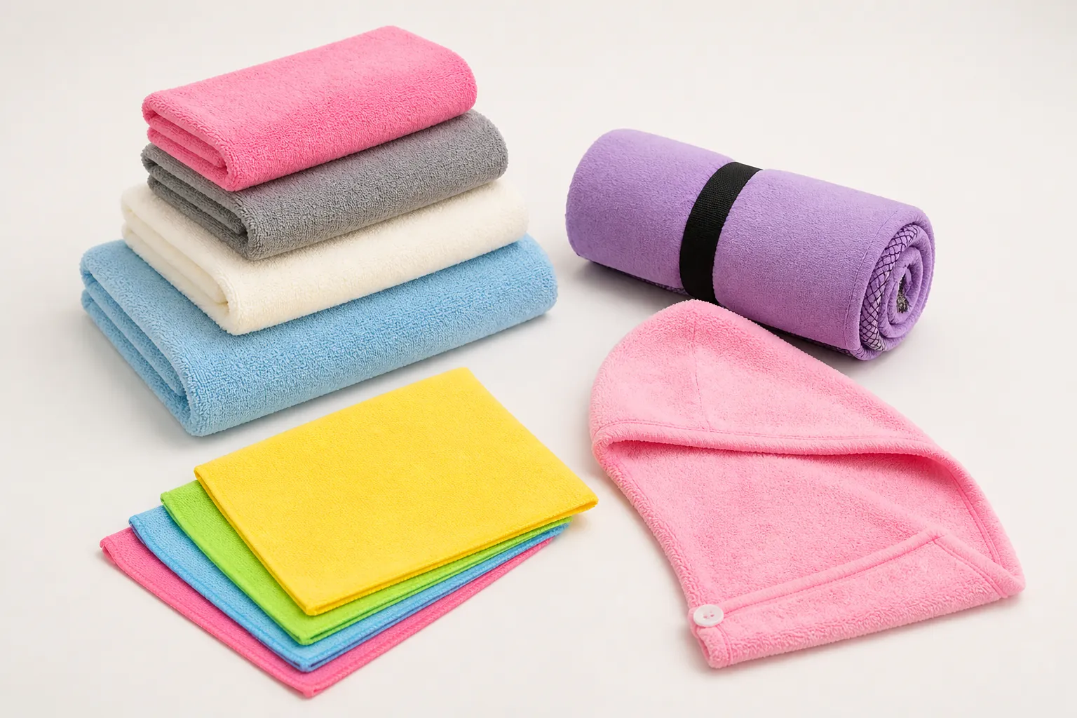 Complete microfiber bath, sports, hair and cleaning towel assortment for wholesale specification