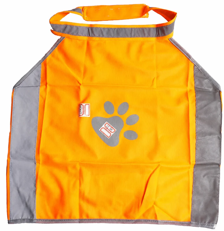 The complete orange-and-grey flat vest shows the neck opening, body coverage, paw graphic, physical product labels and side closures for SKU comparison.