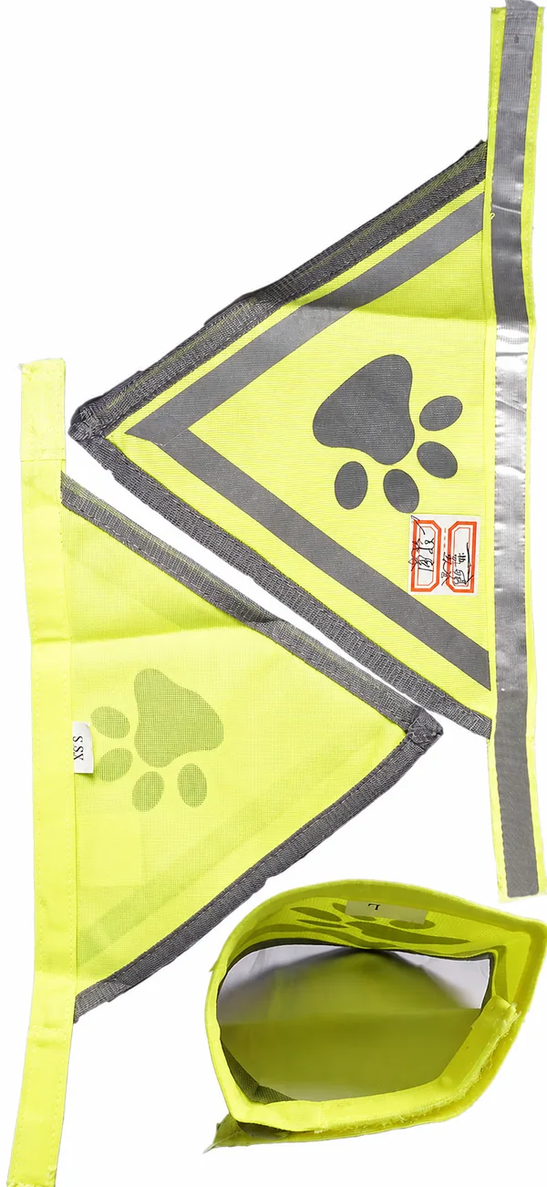 The three complete lime vest orientations show neckline, side-panel, paw graphic, physical product label and closure placement for range comparison.