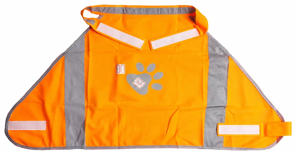 Complete orange and grey pet visibility vest laid flat with paw graphic, physical product labels and closures visible
