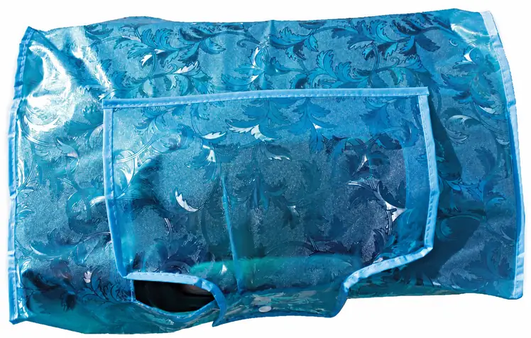 Complete blue floral EVA luggage cover laid flat with pocket, handle openings, edge binding and cover shape visible