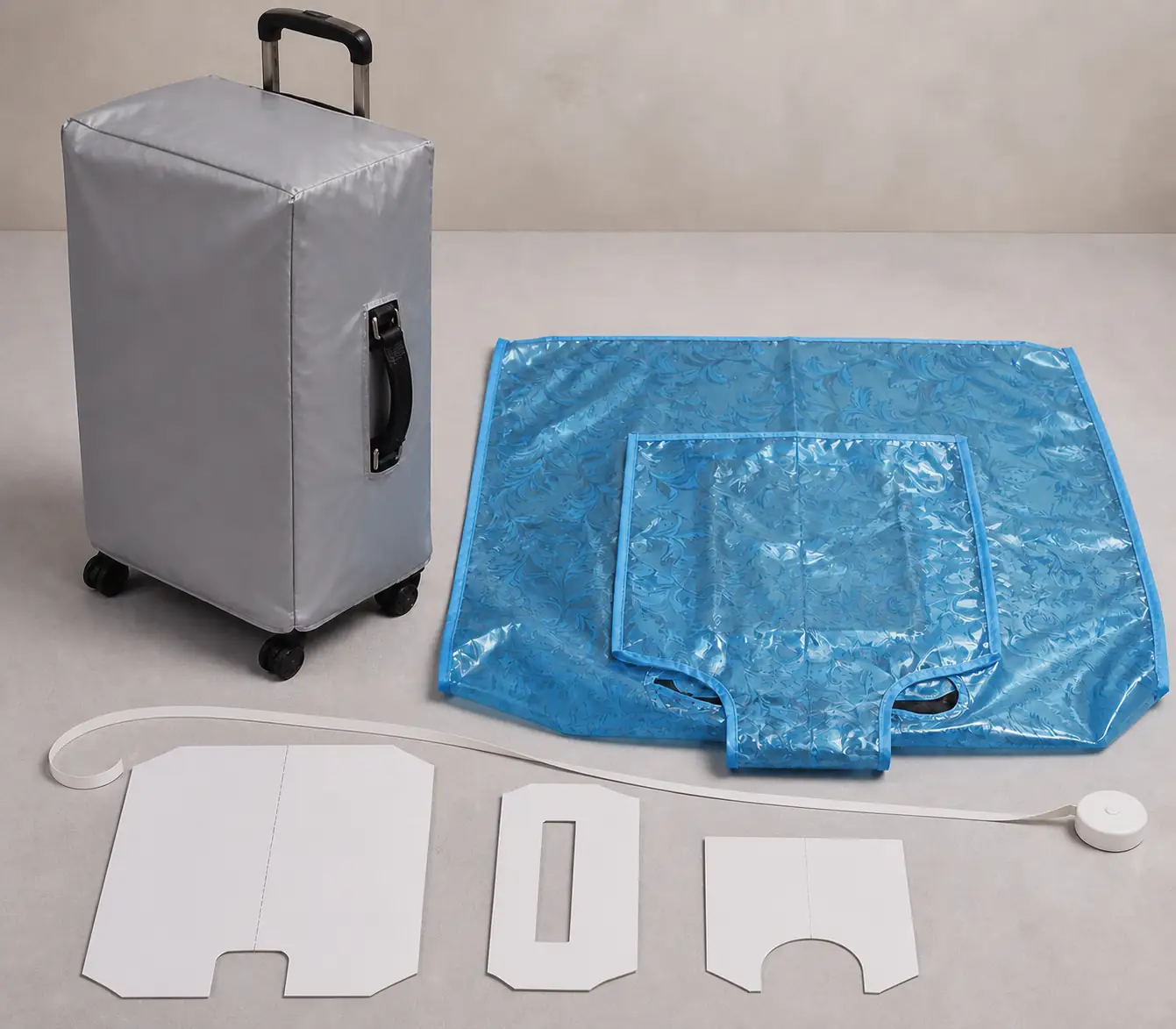 Complete grey fitted suitcase cover beside a complete flat blue EVA cover, plain fit-review strip and blank opening pattern pieces