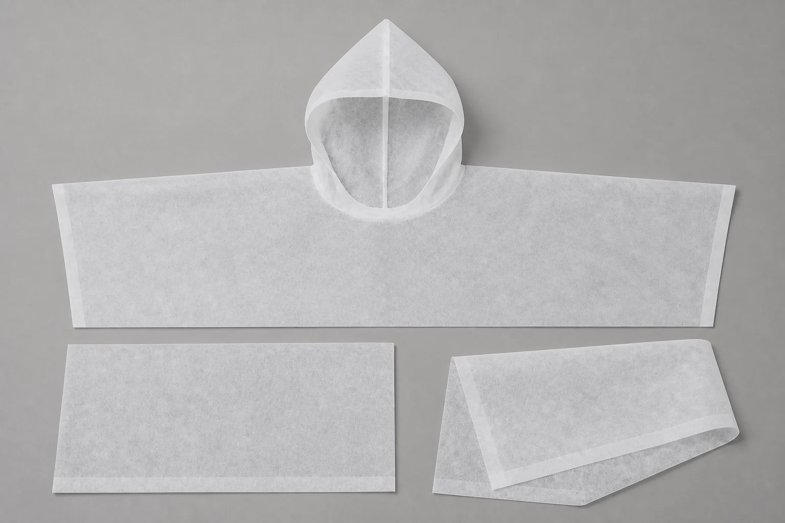 Matte fibrous nonwoven hood-to-body join, finished edge and folded overlap samples