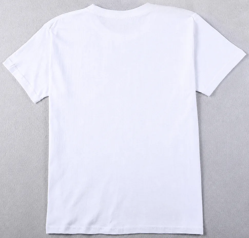 Complete white blank T-shirt back with neckline, shoulders, sleeves, side shape and hem visible