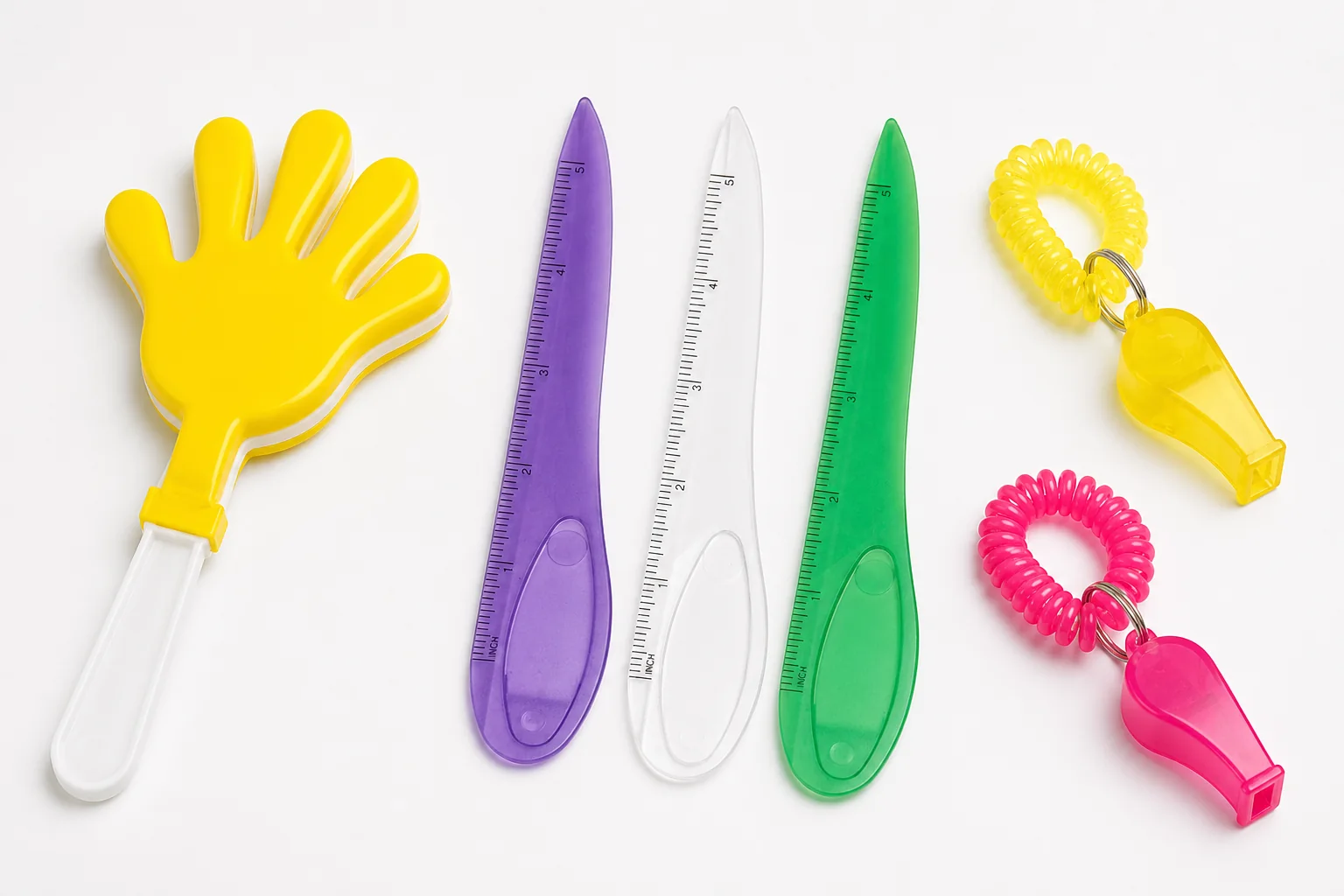 Complete unbranded hand clapper, translucent ruler cutters and wrist-coil whistles for office and event gift sourcing