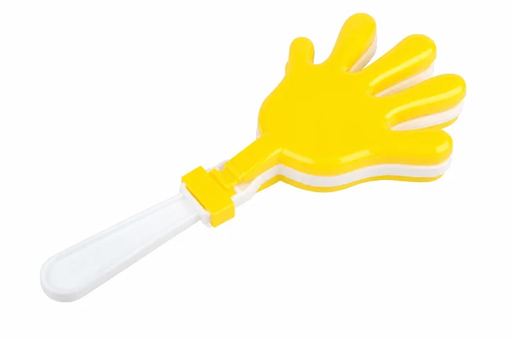Complete yellow plastic hand clapper with translucent handle
