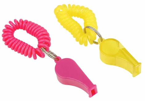 Complete pink and yellow plastic whistles with spiral wrist coils and metal rings
