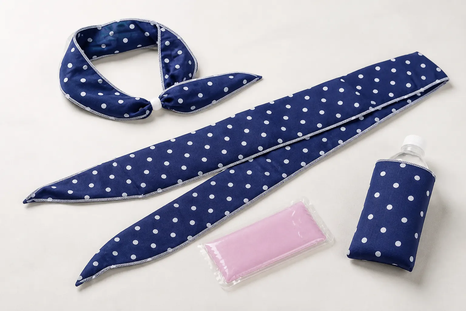 Complete unbranded hot and cold wrap assortment with a navy cooling collar, long wrap, gel pouch and bottle sleeve