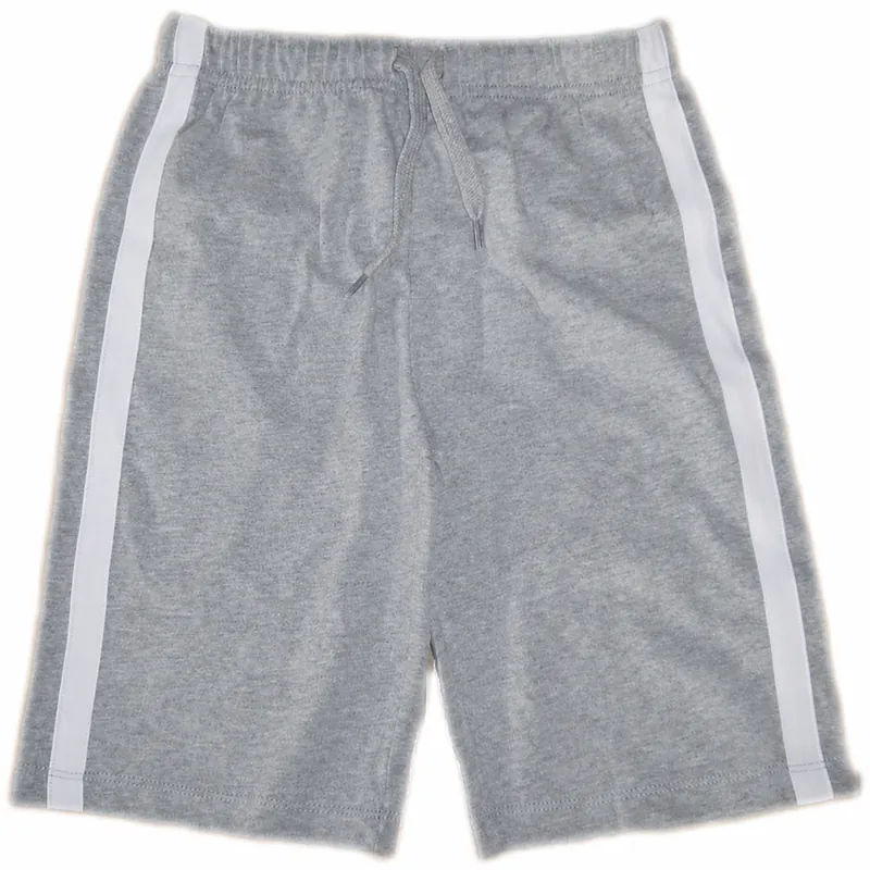 Complete grey children's pull-on sports shorts with elastic waistband, drawstring and white side panels
