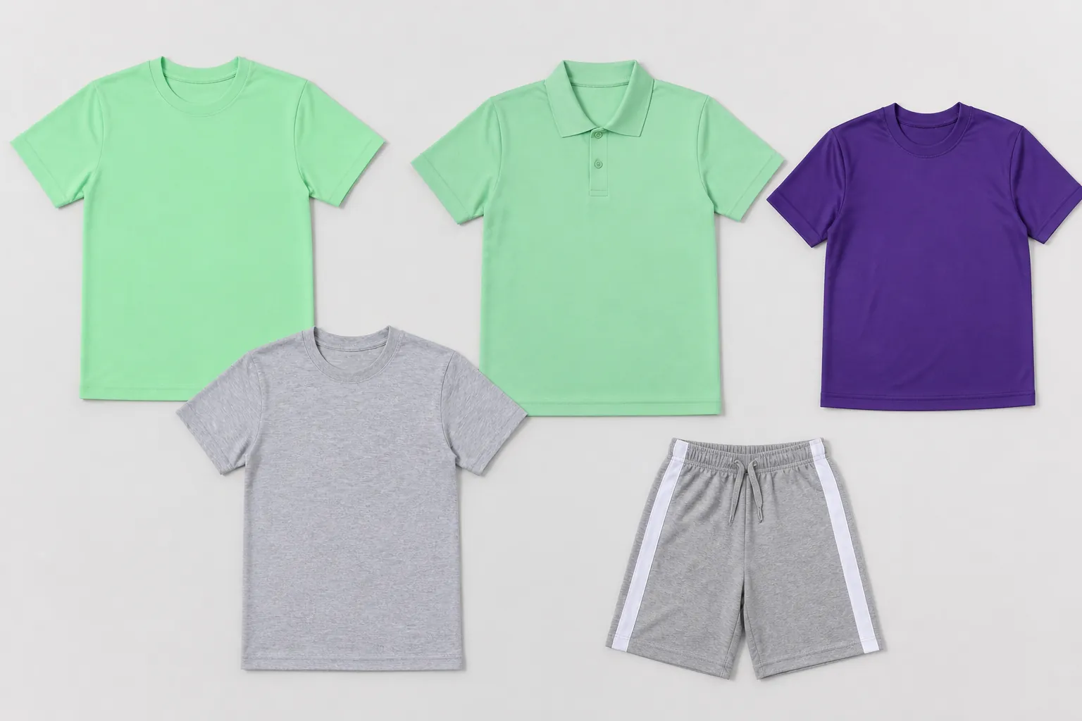 Complete blank promotional crew-neck shirts, polo shirt and children's sports shorts assortment