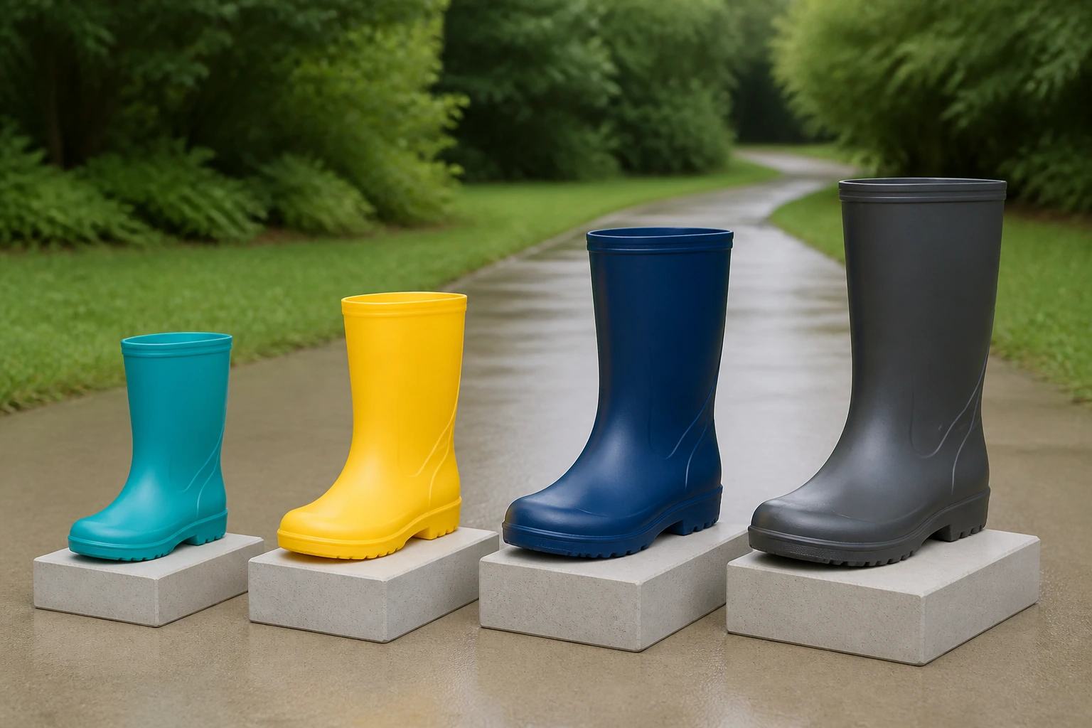 Four complete PVC rain boots in teal, yellow, navy and charcoal shown outdoors for assortment review