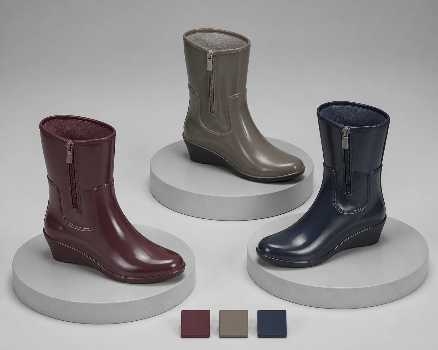 Three complete short-shaft zip fashion boots in burgundy, taupe and navy shown on neutral plinths