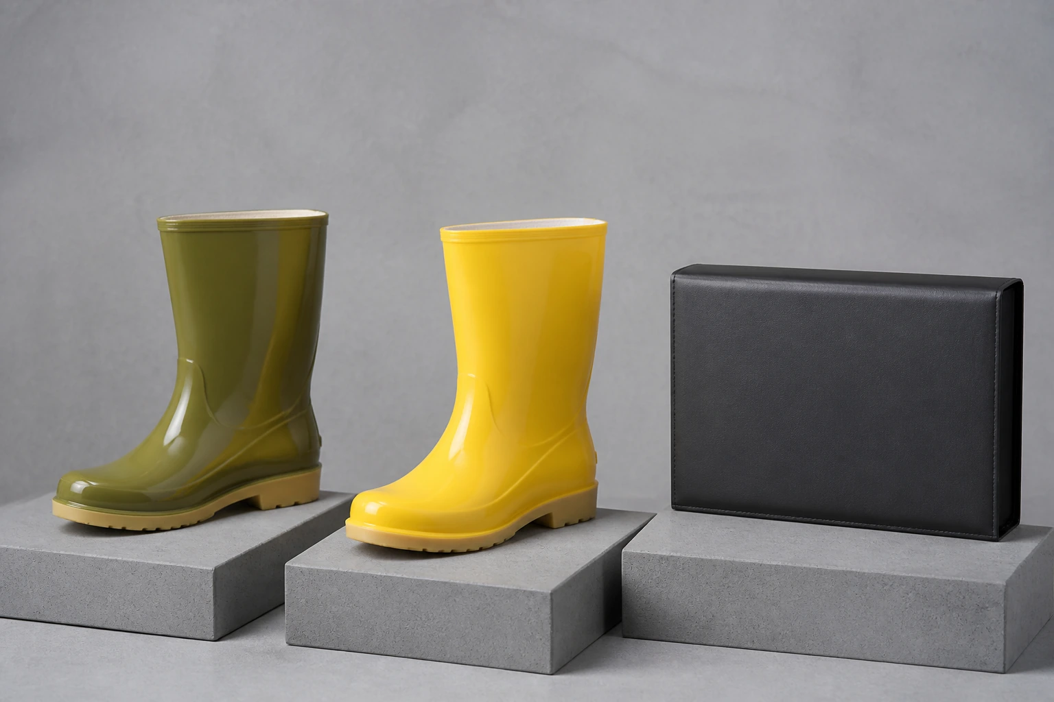 Complete olive and yellow boots beside an unmarked sample case