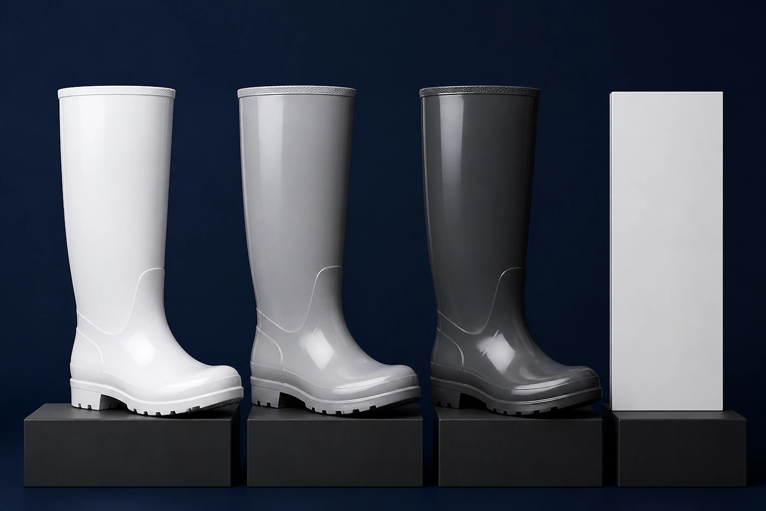 Complete white, gray and charcoal boots with a neutral comparison board