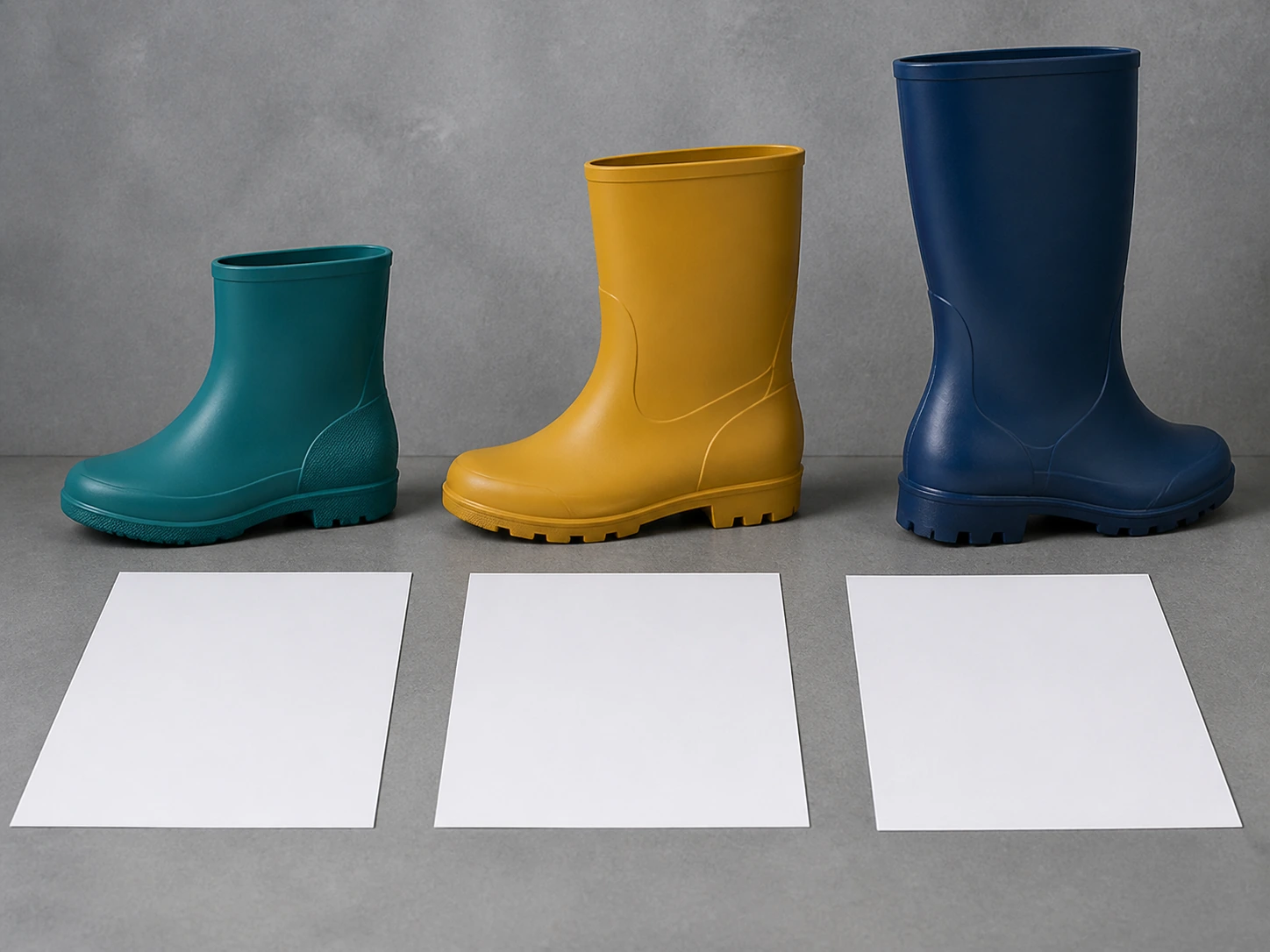 Complete teal, mustard and navy boots beside blank comparison sheets