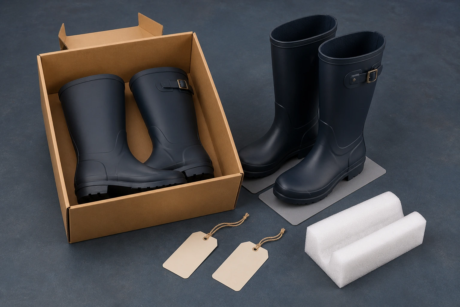 Packed black boot pair beside an unpacked comparison pair, tags and protective inserts
