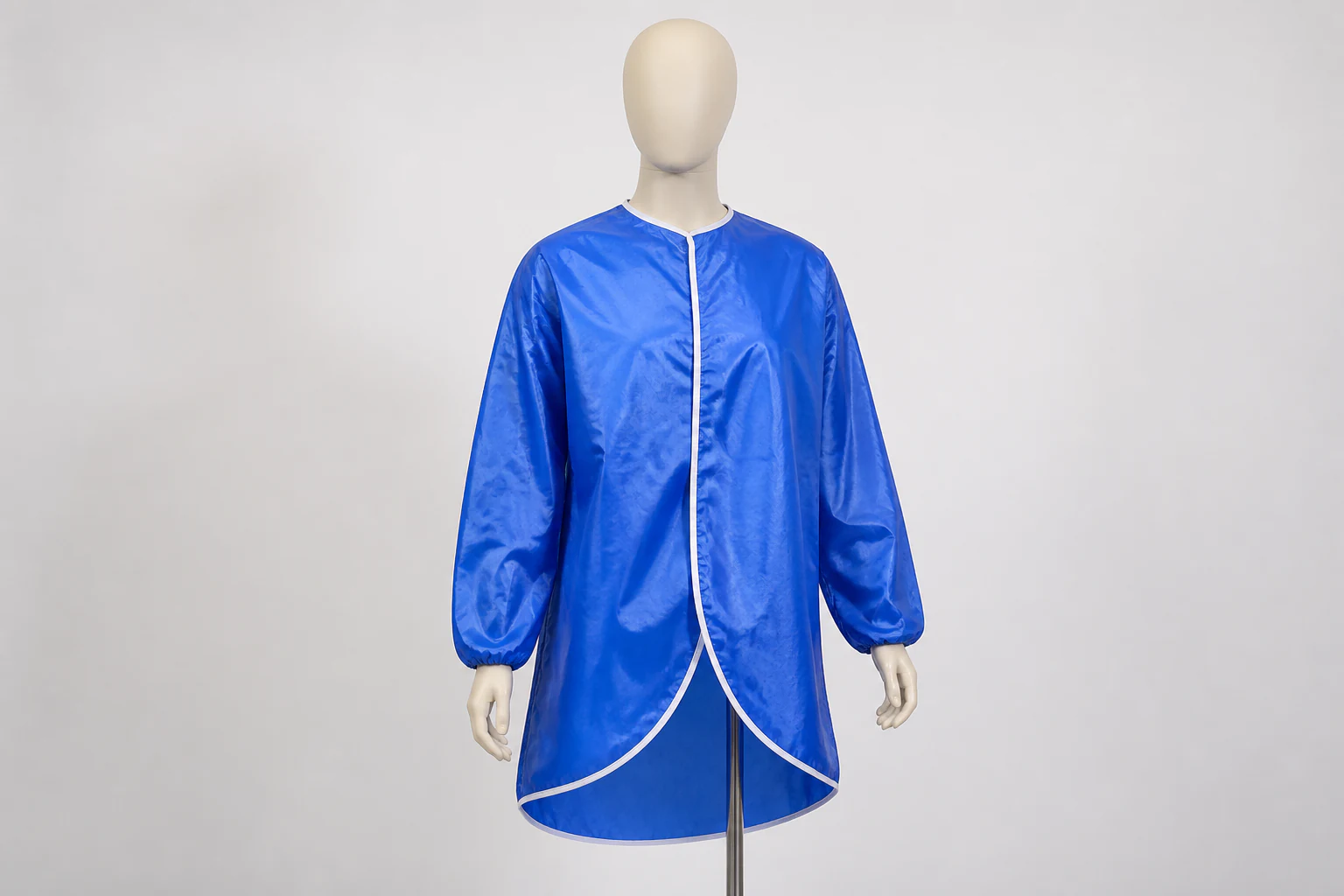 Complete royal blue coated work smock shown on a neutral mannequin