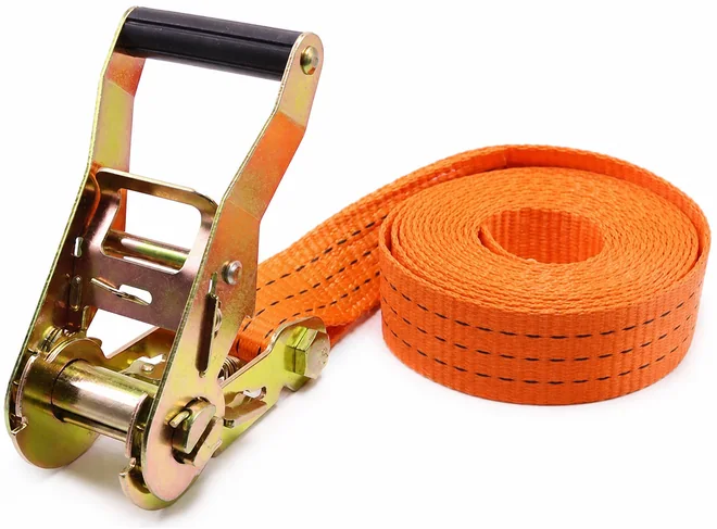 Orange webbing roll and ratchet mechanism show the spindle path, handle clearance and stitched webbing.