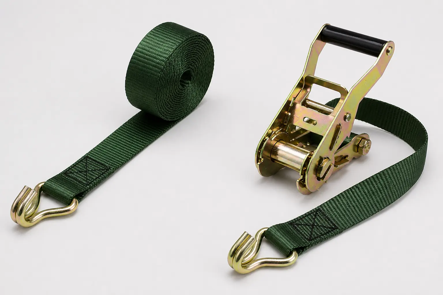 Complete red ratchet tie-down assembly with both hooks fully visible on a neutral surface