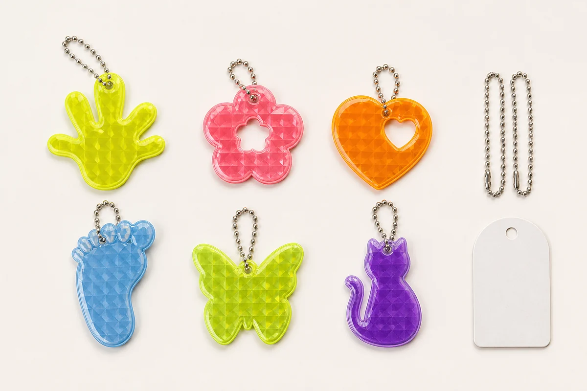 Complete reflective keychain tags, adjustable arm bands, slap wraps and patches displayed as separate application families