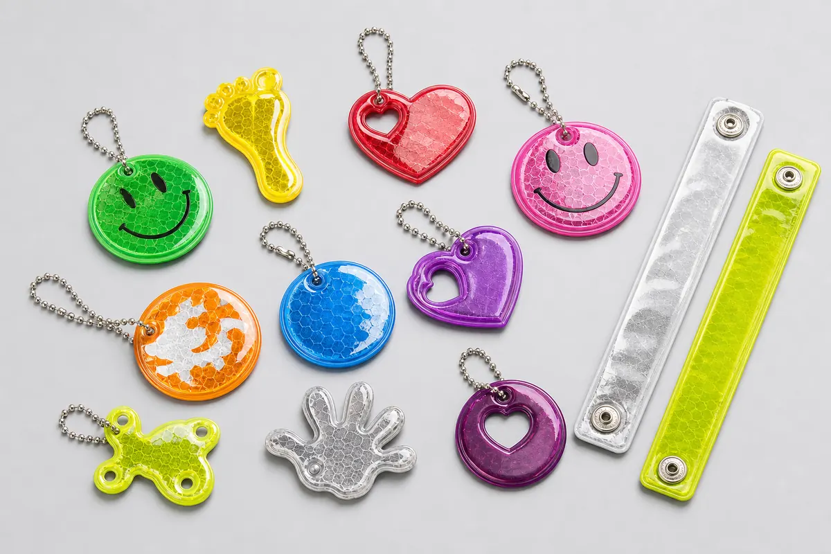 Complete unbranded reflective keychain tags and snap bands arranged as separate bulk accessory families