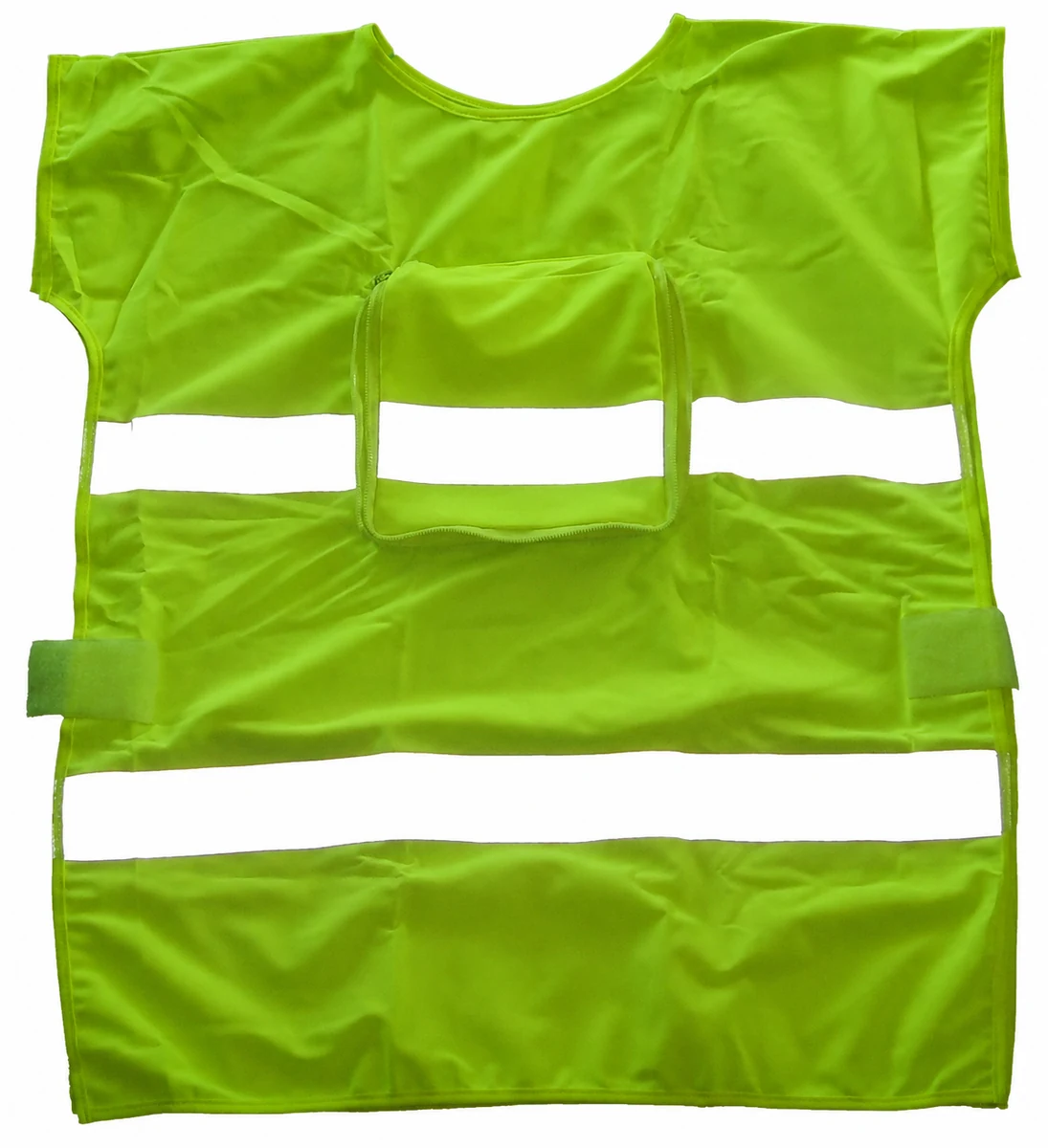 Complete lime high-visibility cycling vest with center pocket side tabs and two horizontal band routes