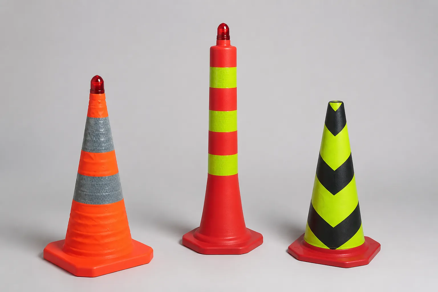 Three complete unbranded roadway cones and delineator posts shown separately for geometry and visibility comparison