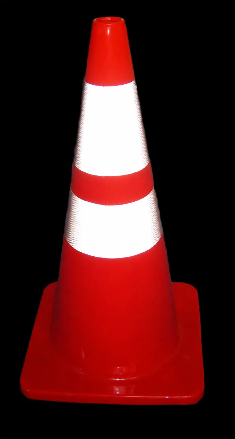 Complete orange roadway cone with two reflective bands and a full square base shown without cropping