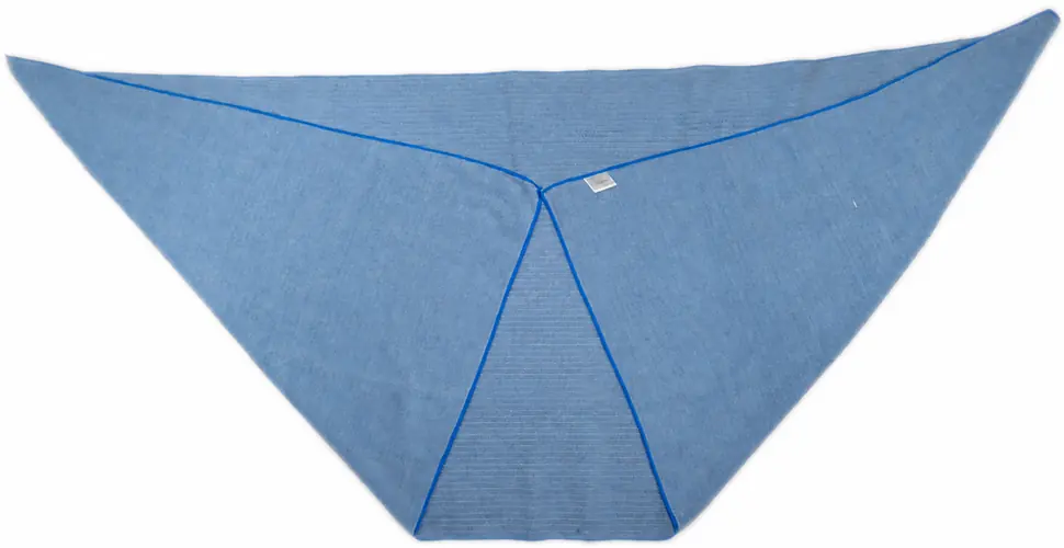 Complete blue triangular towel showing contrasting binding center seam and retained sewn tag