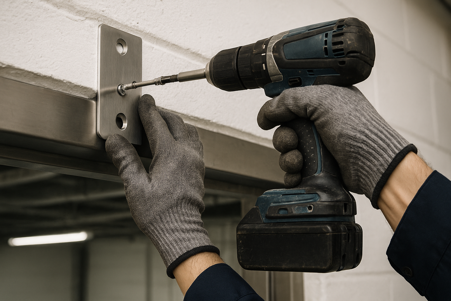A close-up shot of a facility manager's hands installing a stainless-steel mounting bracket with a power drill.
