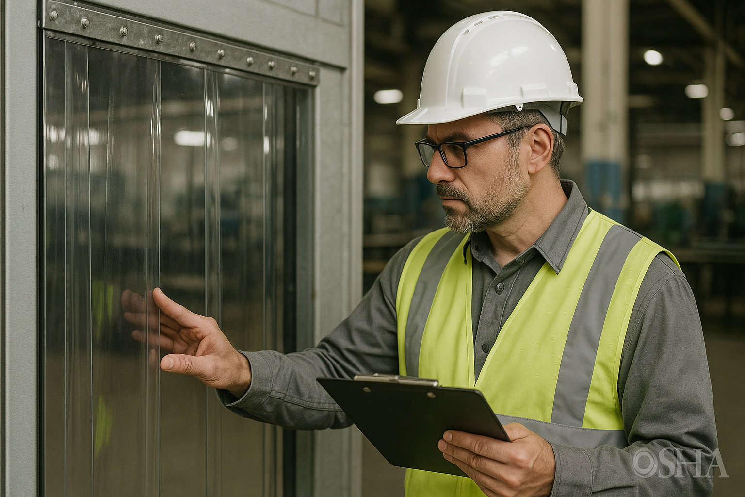 A safety inspector with a clipboard examining a magnetic PVC curtain installation in a factory setting.