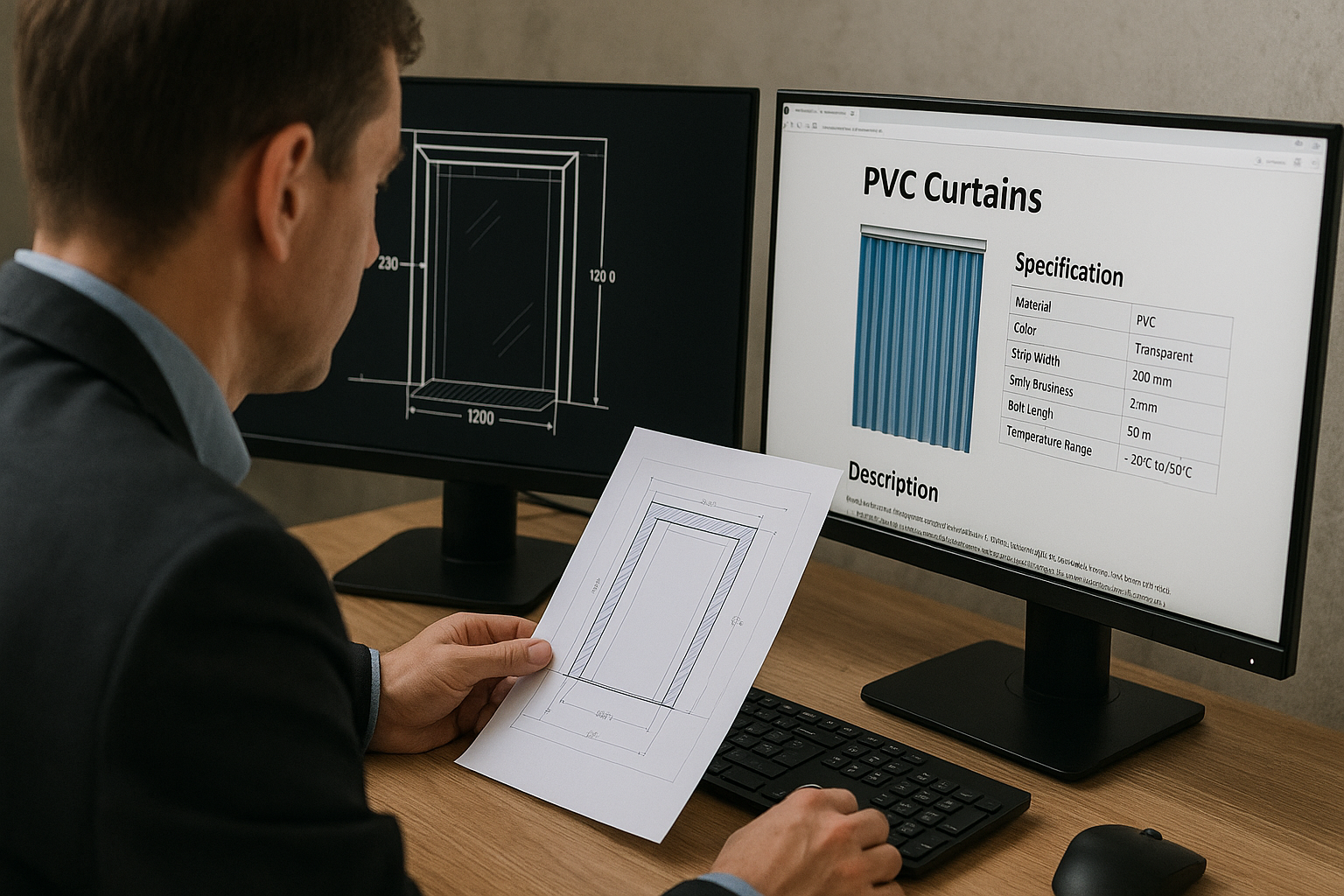 An over-the-shoulder shot of a procurement manager reviewing a technical blueprint and specification sheet.