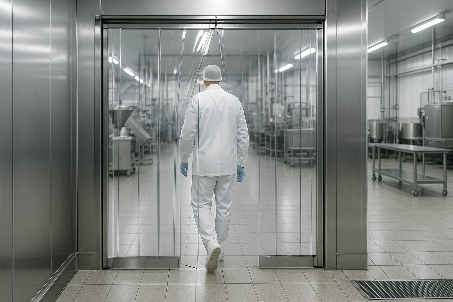 A pristine food processing facility where a worker walks through a transparent magnetic PVC curtain.