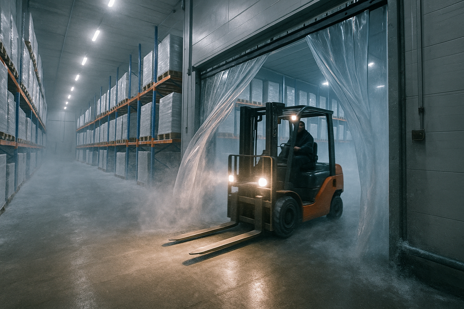A forklift smoothly entering a cold storage area through a magnetic PVC curtain, highlighting operational efficiency.