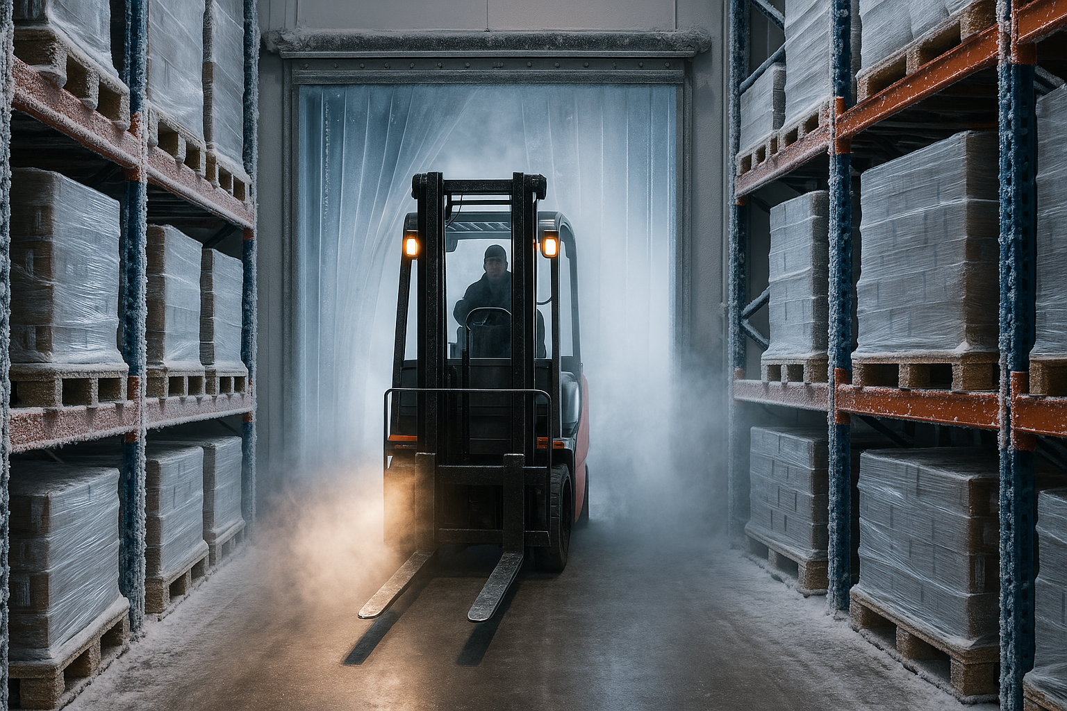 A forklift passing through durable ribbed PVC strip curtains.