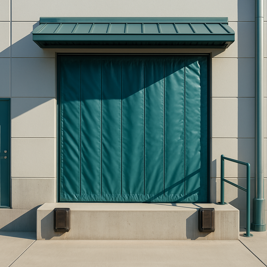 An exterior loading dock curtain resisting wind.