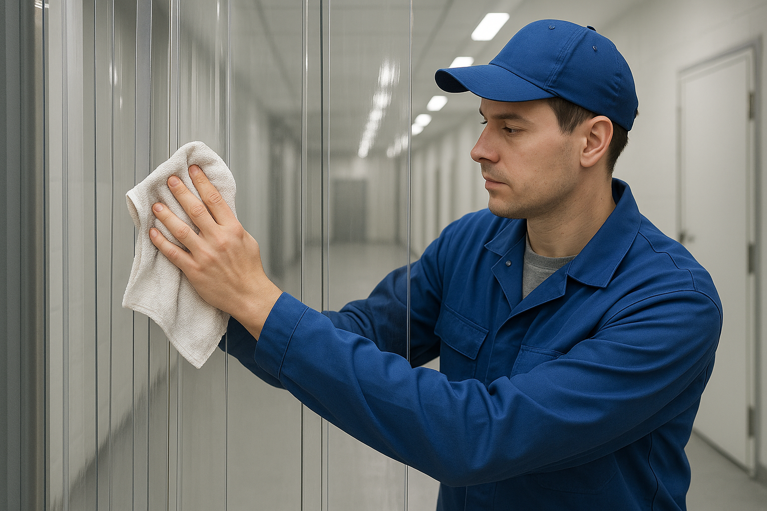 A worker gently cleaning a PVC strip curtain with a soft cloth.