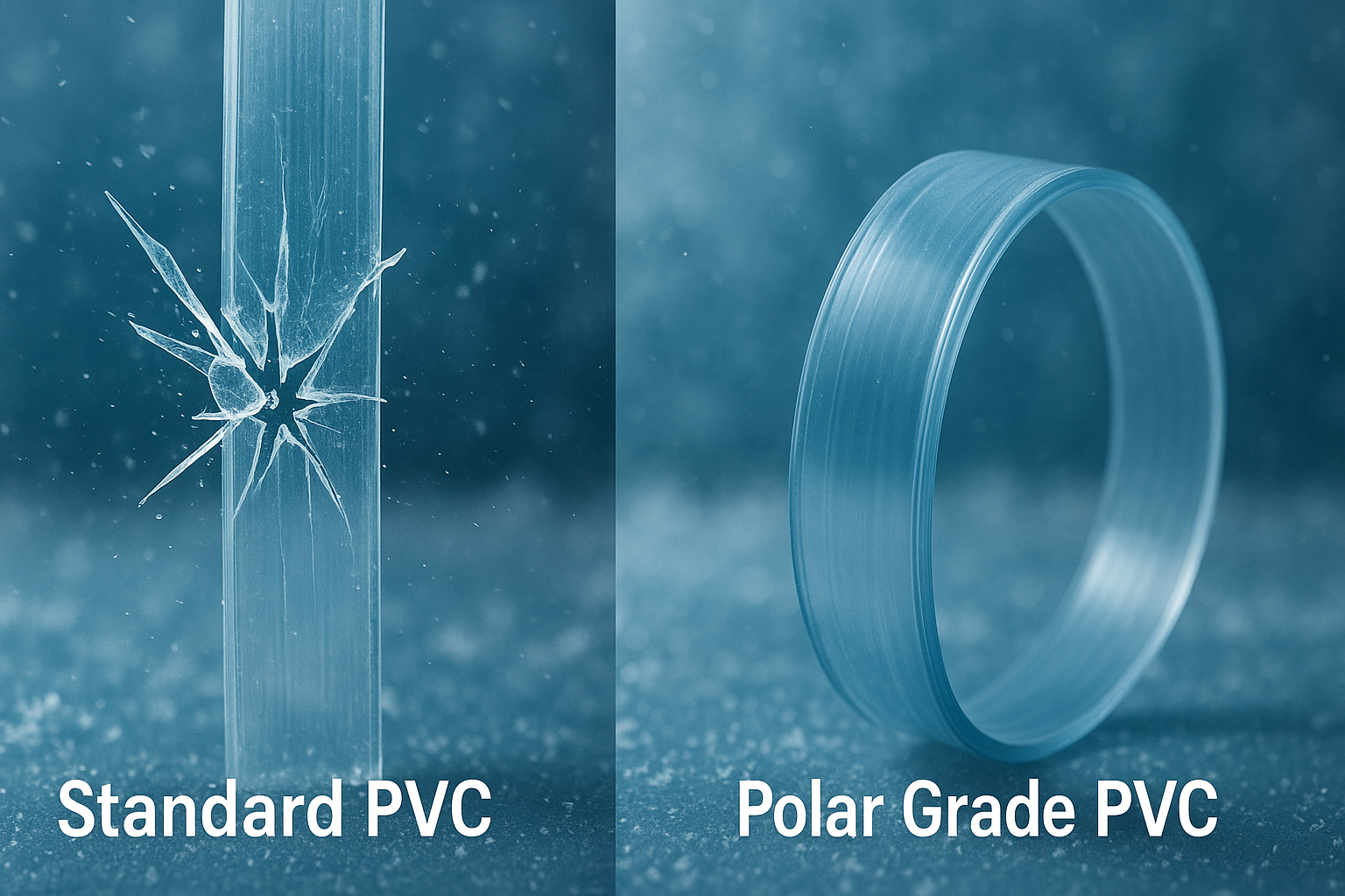 Split image showing a standard PVC strip cracking in cold vs a flexible polar grade strip.