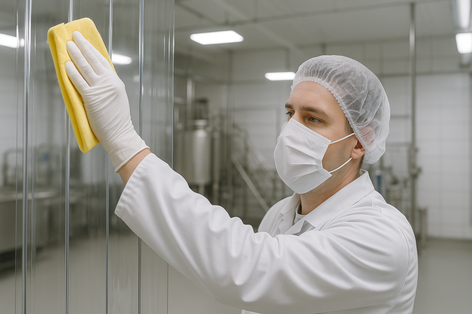 A worker in protective gear cleaning a clear PVC strip curtain in a food plant.