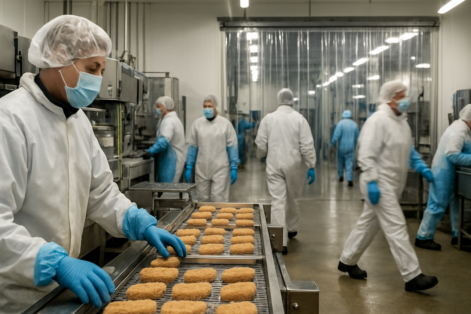 A modern food processing facility with clean, organized production lines.