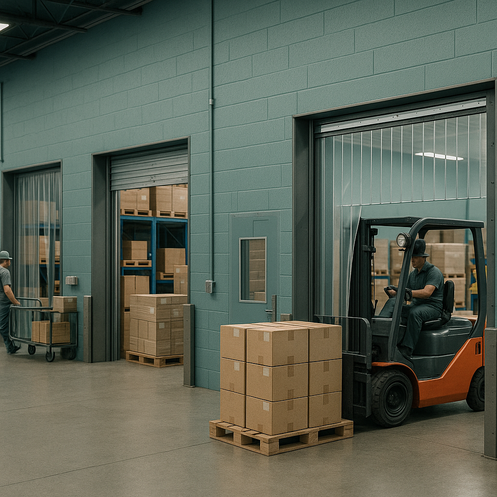 A bustling warehouse with heavy-duty transparent magnetic PVC strip curtains on loading dock bays.