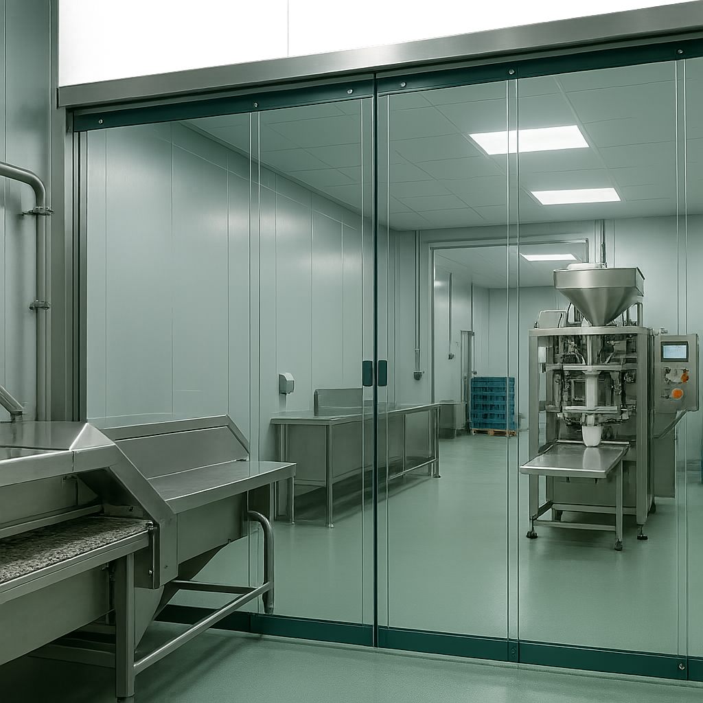 A pristine, brightly lit food processing plant with a transparent magnetic PVC strip curtain separating areas.