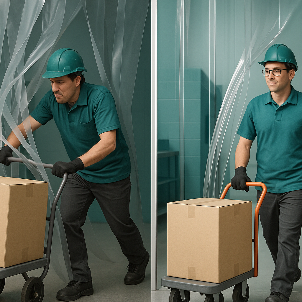 A visual comparison of different door solutions, highlighting the efficiency of magnetic strip curtains.