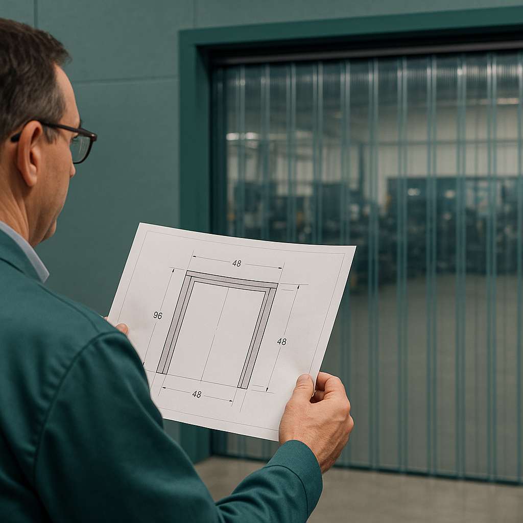 A facility manager inspecting a technical blueprint with a newly installed magnetic PVC strip curtain in the background.