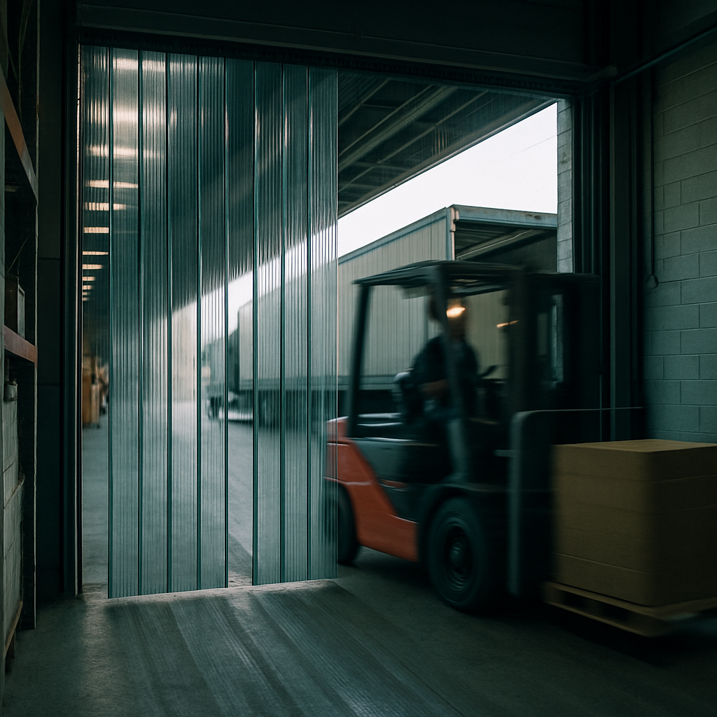 A forklift moving through a magnetic PVC strip curtain at a busy warehouse loading dock.