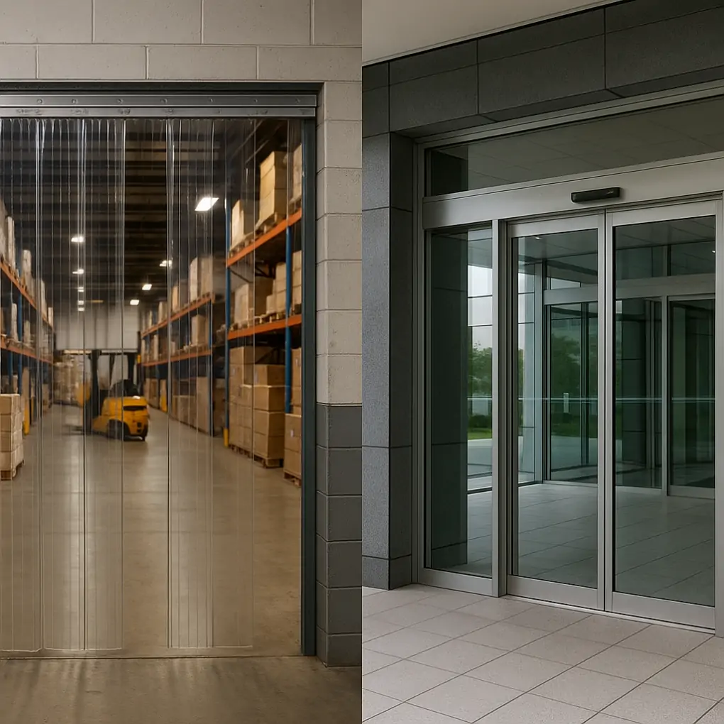 A split image showing a rugged warehouse entrance with a PVC curtain versus a sleek office entrance with an automatic door.