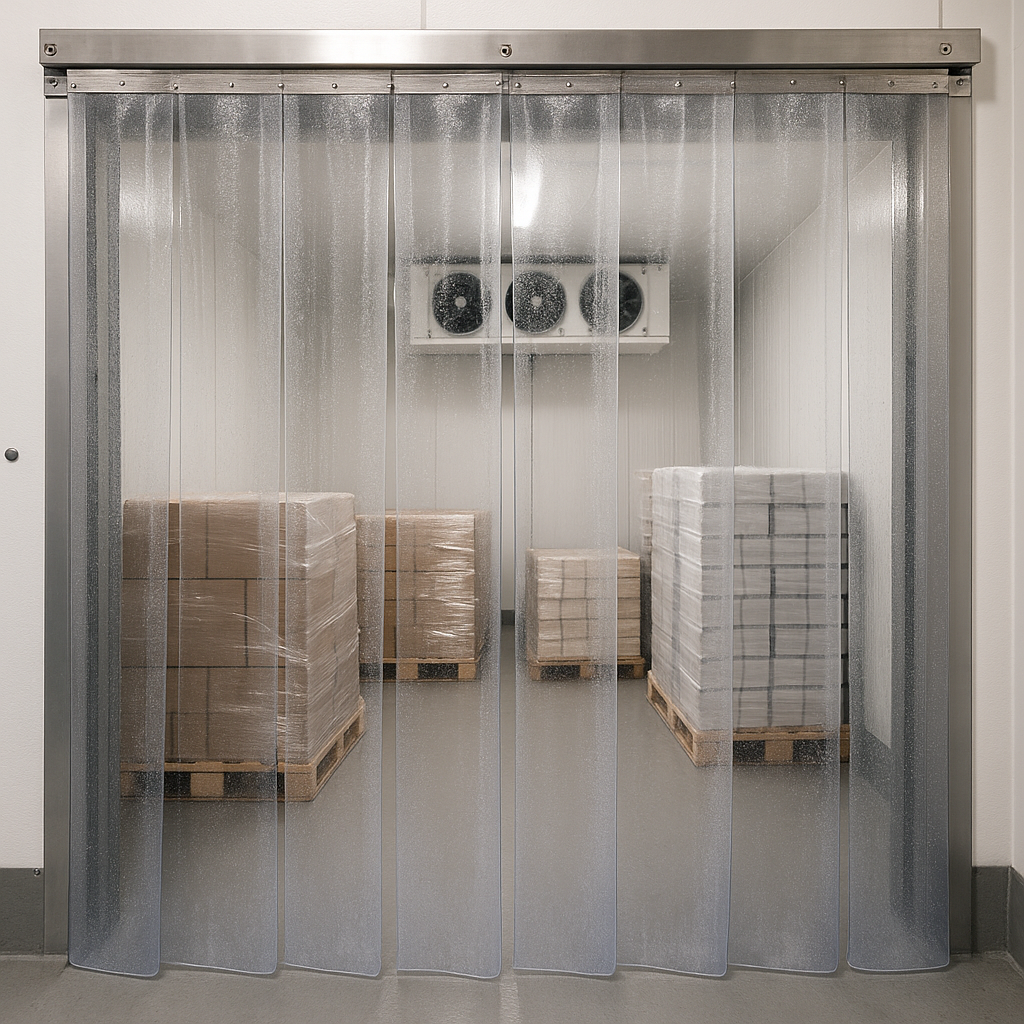 Interior of a large commercial cold storage facility with strip curtains visible.