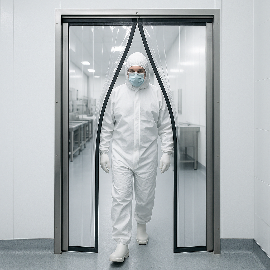 An engineer reviewing blueprints for a custom-sized door opening in a high-tech manufacturing facility.