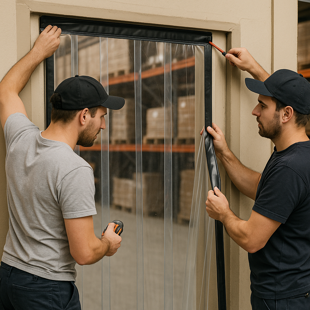 A maintenance worker easily hanging a PVC strip onto a pre-installed mounting track, highlighting the simplicity of installation.